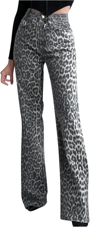 Leopard Print Denim Pants for Women Vintage Jeans Straight Leg Flare Trousers with Pockets Going Out Y2K Streetwear