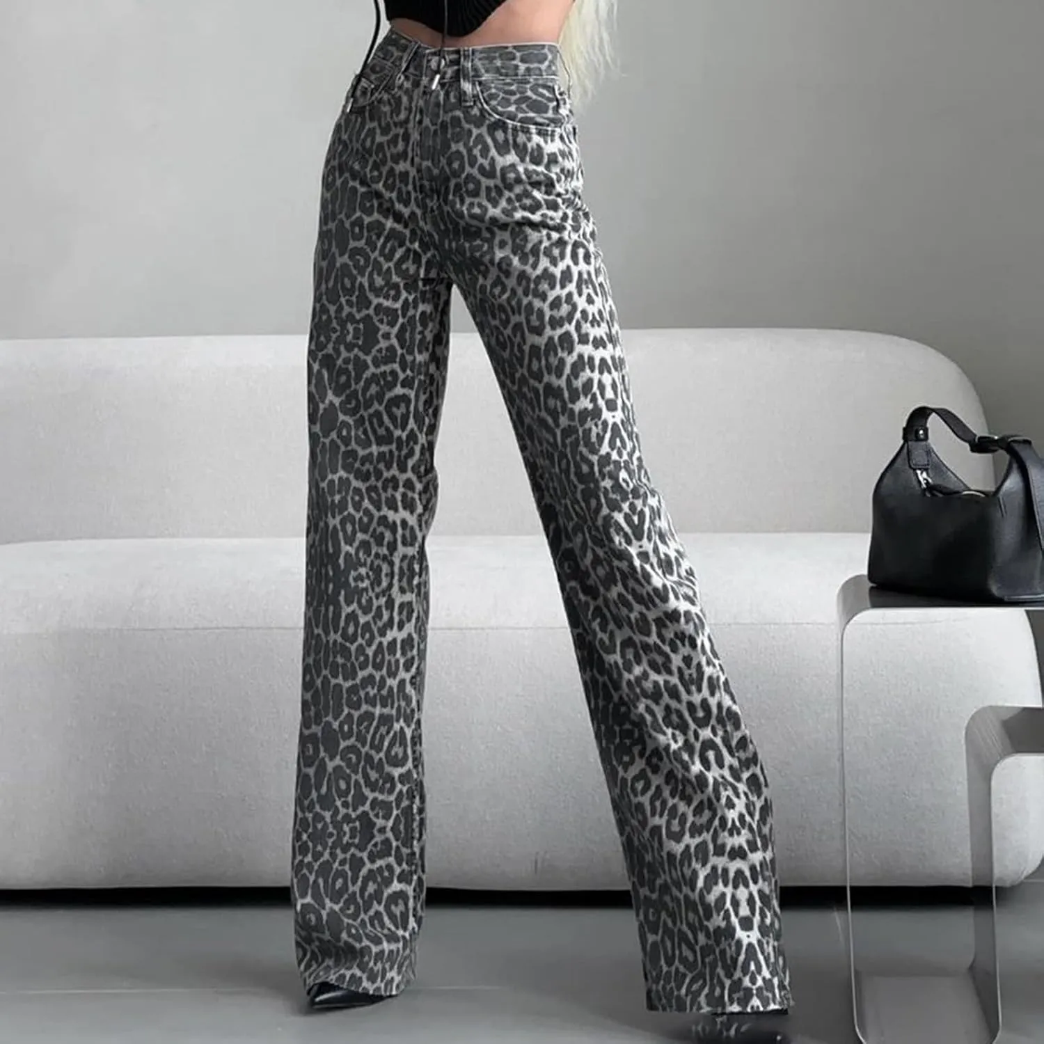 Leopard Print Denim Pants for Women Vintage Jeans Straight Leg Flare Trousers with Pockets Going Out Y2K Streetwear