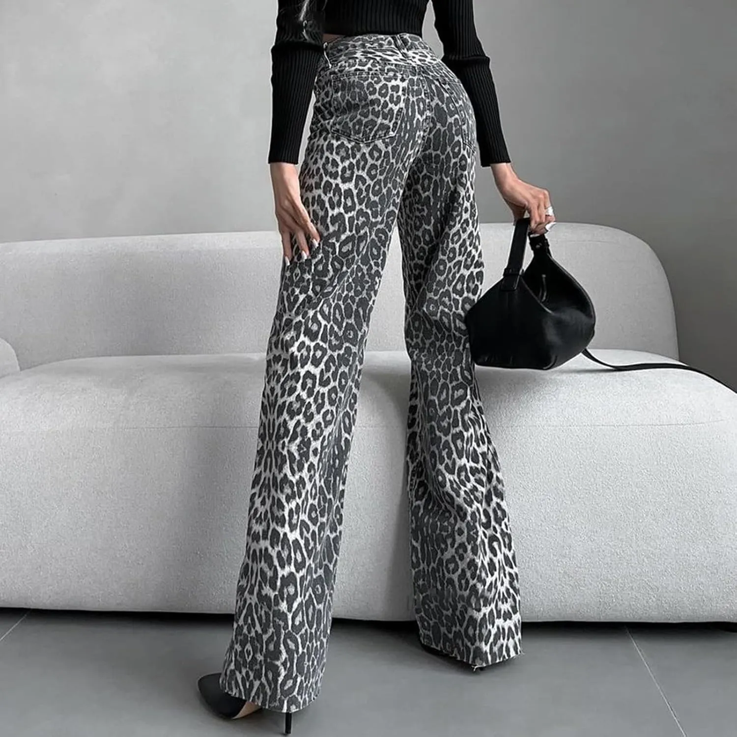 Leopard Print Denim Pants for Women Vintage Jeans Straight Leg Flare Trousers with Pockets Going Out Y2K Streetwear