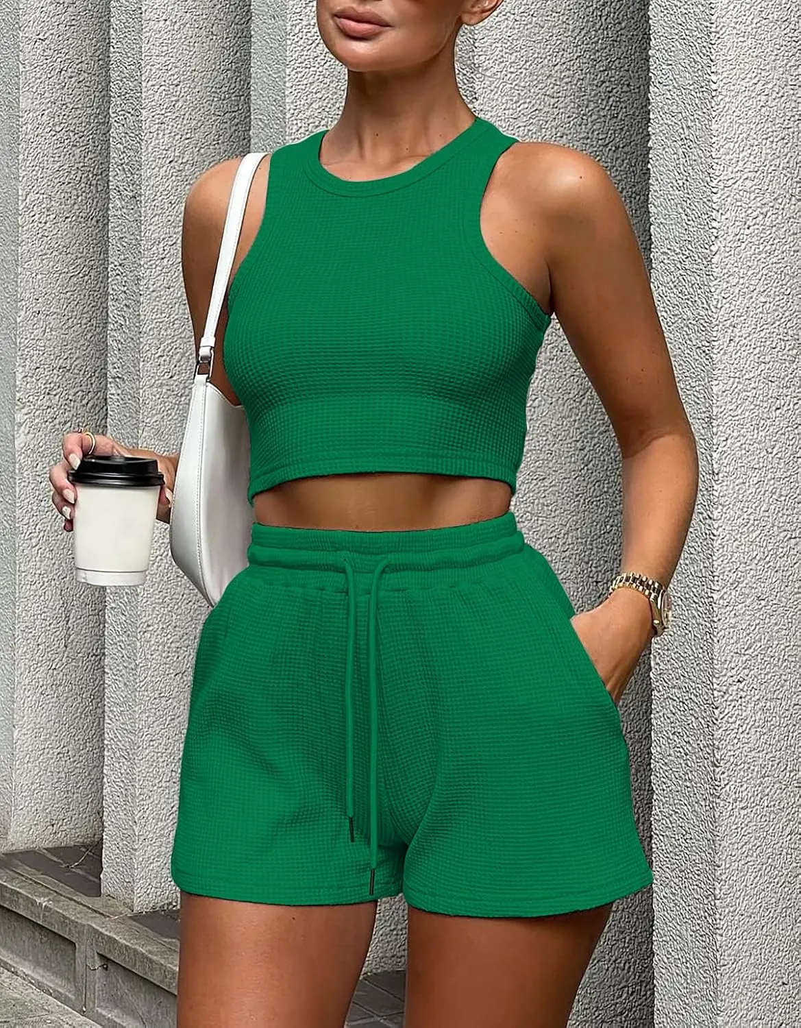 Lingswallow 2 Piece Women Lounge Sets - Sleeveless Crop Top and Shorts Waffle Lounge Set Tracksuits Sweatsuits for Women