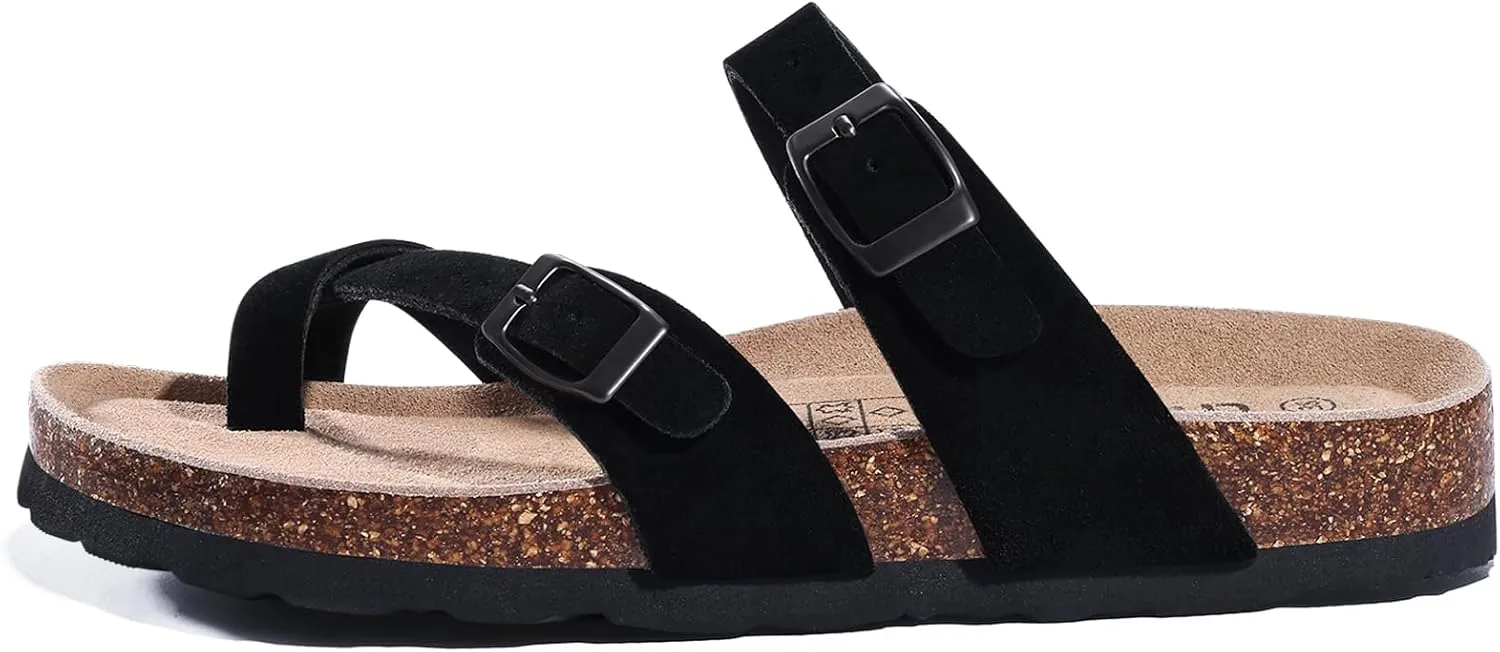 Litfun Women's Genuine Suede Cork Footbed Sandals Comfortable Summer Slides with Adjustable Buckle