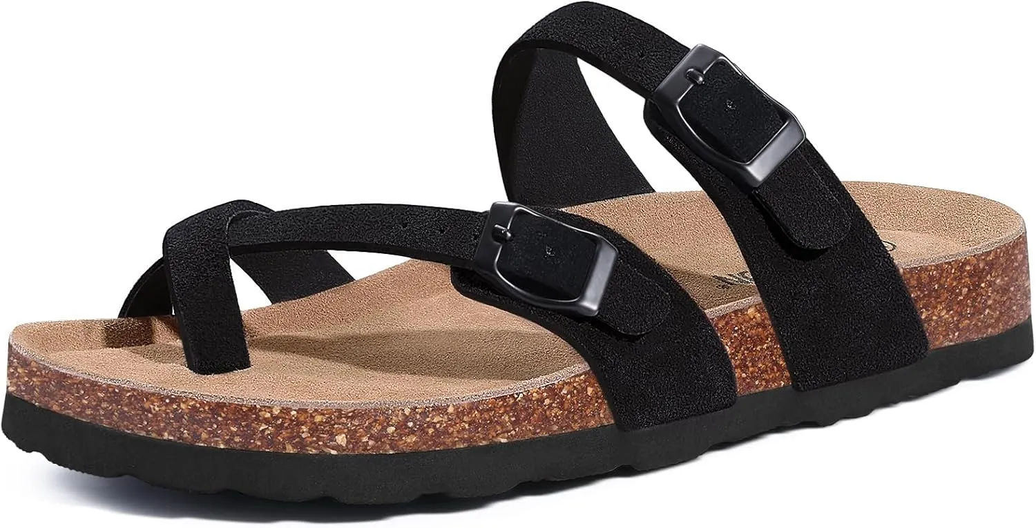 Litfun Women's Genuine Suede Cork Footbed Sandals Comfortable Summer Slides with Adjustable Buckle