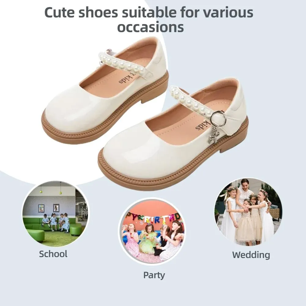 Little Girls Mary Jane Ballerina Ballet Flats for School Wedding Party - Pearl Strap Toddler Flower Girl Dress Shoes