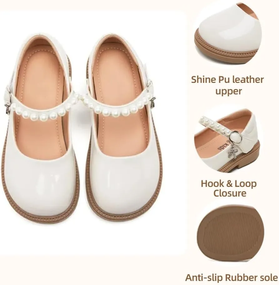 Little Girls Mary Jane Ballerina Ballet Flats for School Wedding Party - Pearl Strap Toddler Flower Girl Dress Shoes