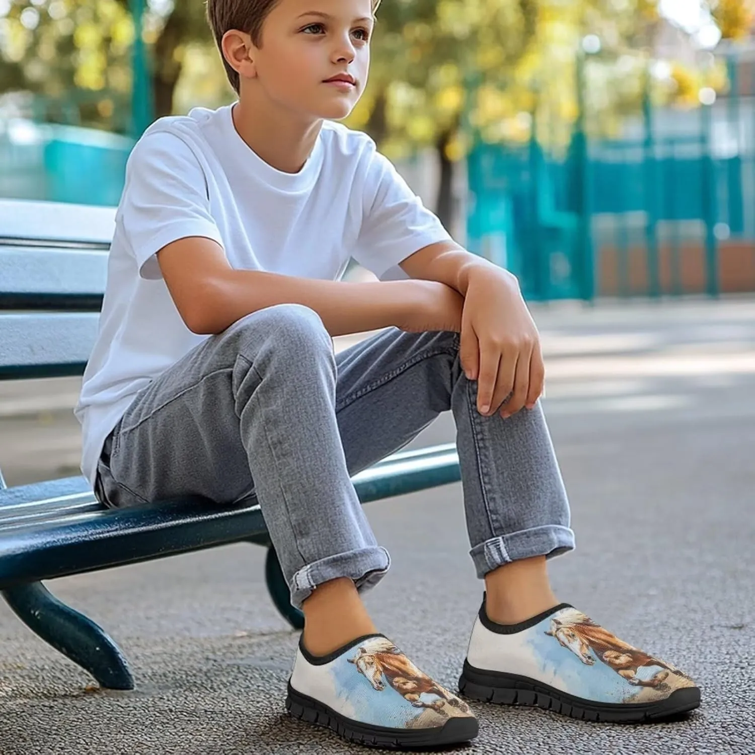 Low Cut Horse Print Running Shoes for Boys and Girls Comfortable Casual Sneakers Laceless Walking Shoes