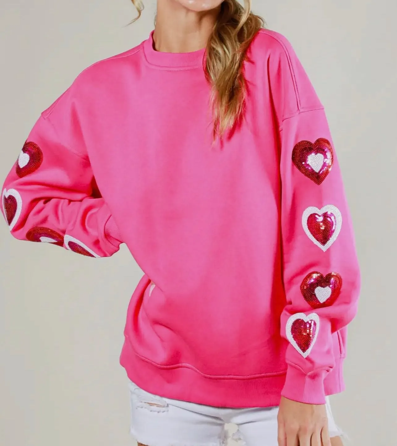 Luckinbaby Women's Cute Heart Sweatshirts Sequin Patch Romantic Love Valentines Shirt Long Sleeve Pullovers Oversized Tops