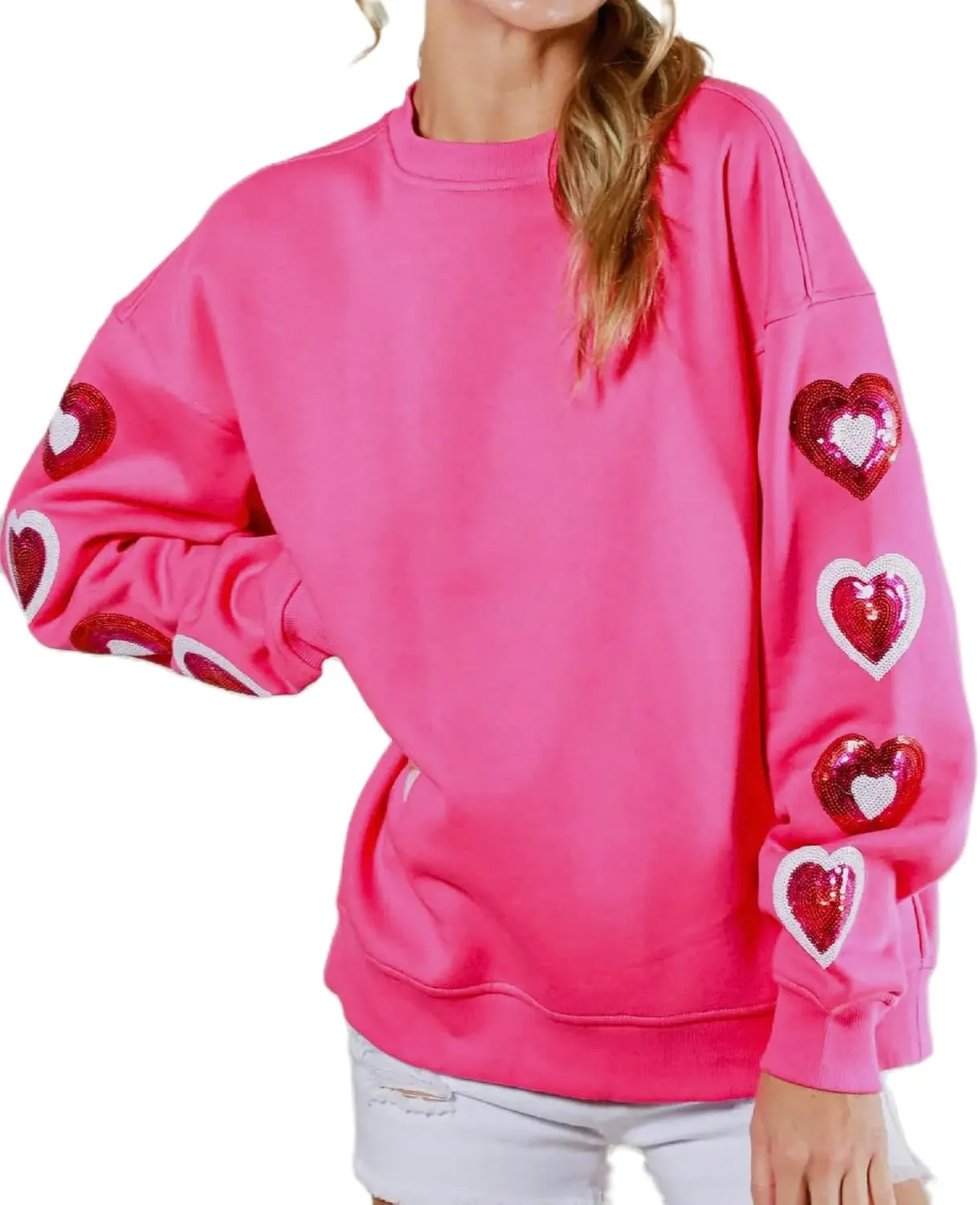 Luckinbaby Women's Cute Heart Sweatshirts Sequin Patch Romantic Love Valentines Shirt Long Sleeve Pullovers Oversized Tops
