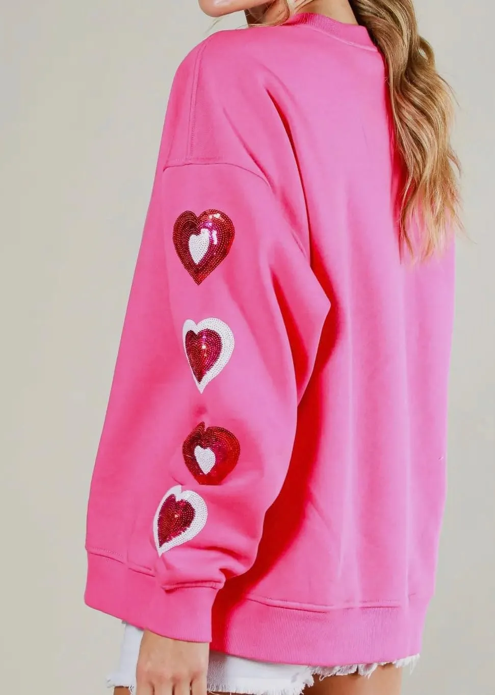 Luckinbaby Women's Cute Heart Sweatshirts Sequin Patch Romantic Love Valentines Shirt Long Sleeve Pullovers Oversized Tops