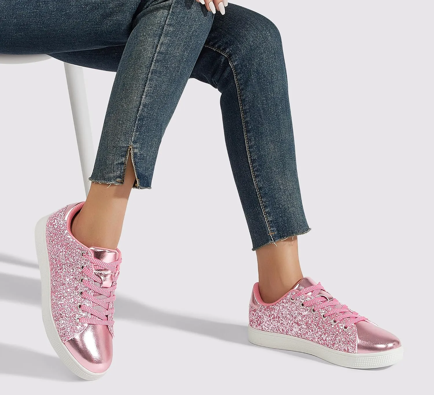 LUCKY STEP Glitter Sneakers Lace up | Fashion Sneakers | Sparkly Shoes for Women