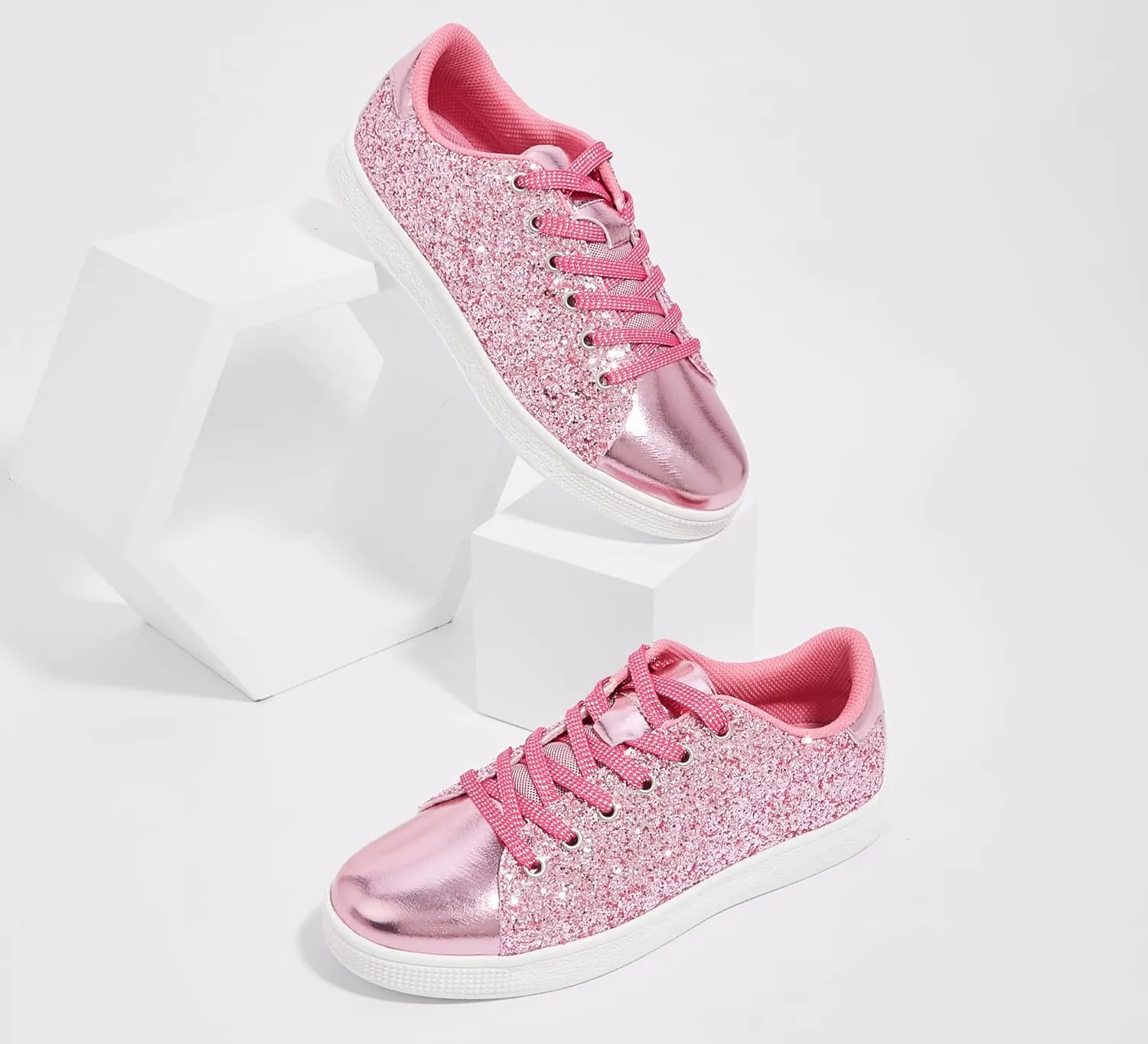 LUCKY STEP Glitter Sneakers Lace up | Fashion Sneakers | Sparkly Shoes for Women