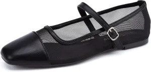 LUCKY STEP Women's Mesh Buckle Flats Mary Jane Square Toe Ballet Dress Adjustable Strap Block Heel Casual Daily Formal Wedding Shoes