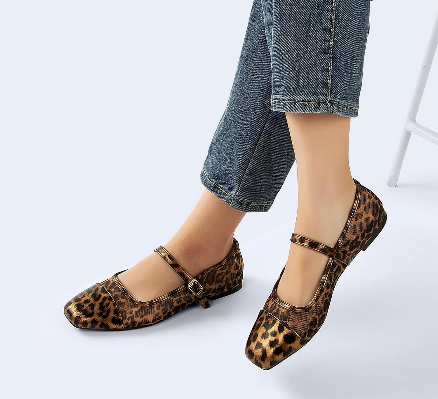 LUCKY STEP Women's Mesh Buckle Flats Mary Jane Square Toe Ballet Dress Adjustable Strap Block Heel Casual Daily Formal Wedding Shoes