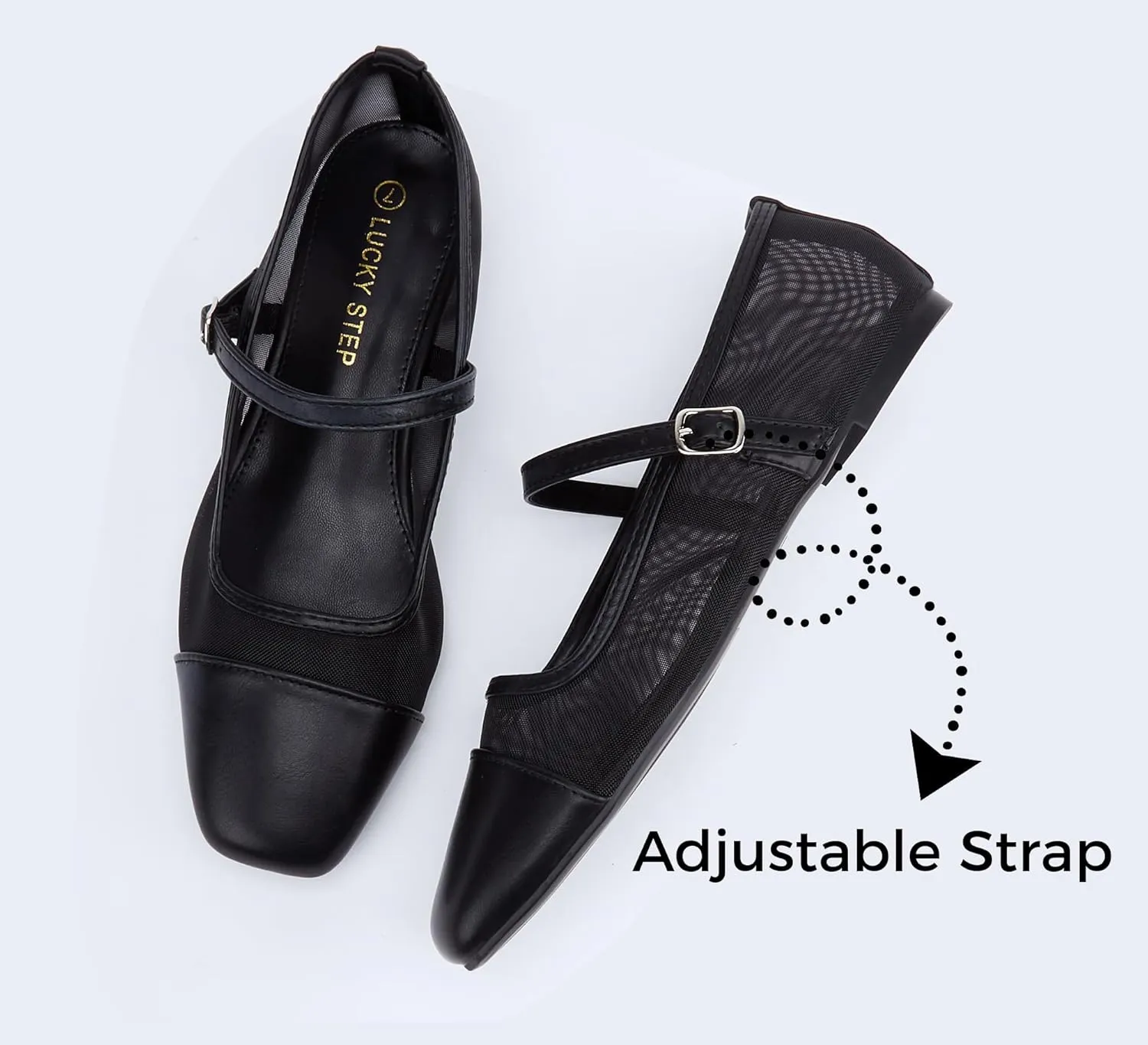 LUCKY STEP Women's Mesh Buckle Flats Mary Jane Square Toe Ballet Dress Adjustable Strap Block Heel Casual Daily Formal Wedding Shoes