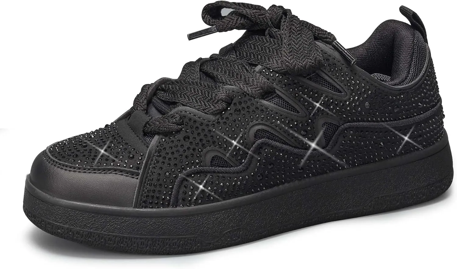 LUCKY STEP Women's Sparkle Rhinestone Fashion Sneakers Walking Tennis Bling Glitter Roaring Shoes Platform Lace up Casual Mesh Sneaker