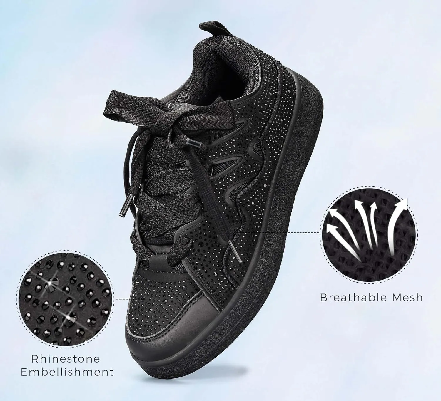 LUCKY STEP Women's Sparkle Rhinestone Fashion Sneakers Walking Tennis Bling Glitter Roaring Shoes Platform Lace up Casual Mesh Sneaker