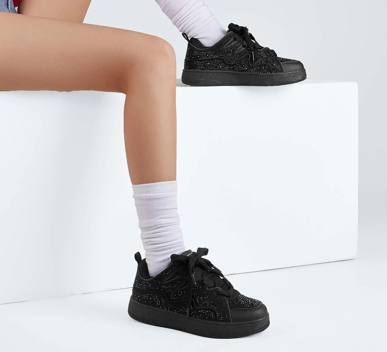 LUCKY STEP Women's Sparkle Rhinestone Fashion Sneakers Walking Tennis Bling Glitter Roaring Shoes Platform Lace up Casual Mesh Sneaker