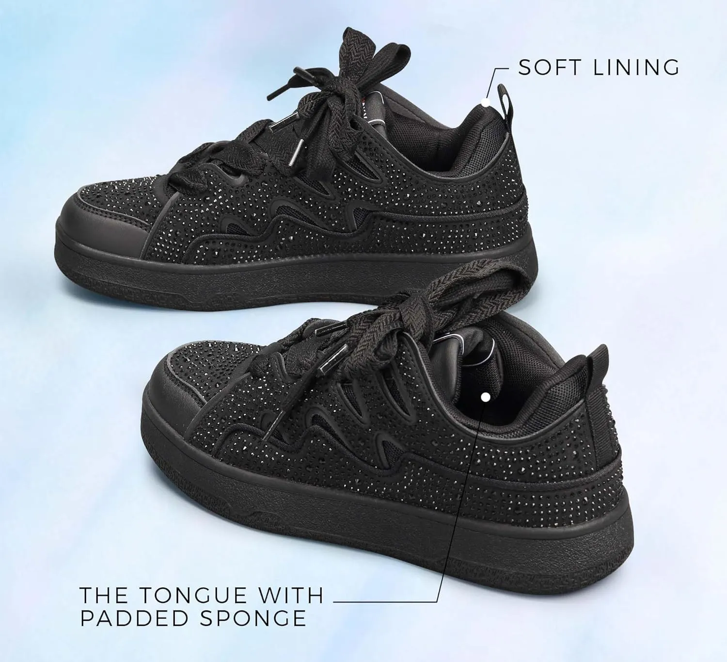 LUCKY STEP Women's Sparkle Rhinestone Fashion Sneakers Walking Tennis Bling Glitter Roaring Shoes Platform Lace up Casual Mesh Sneaker