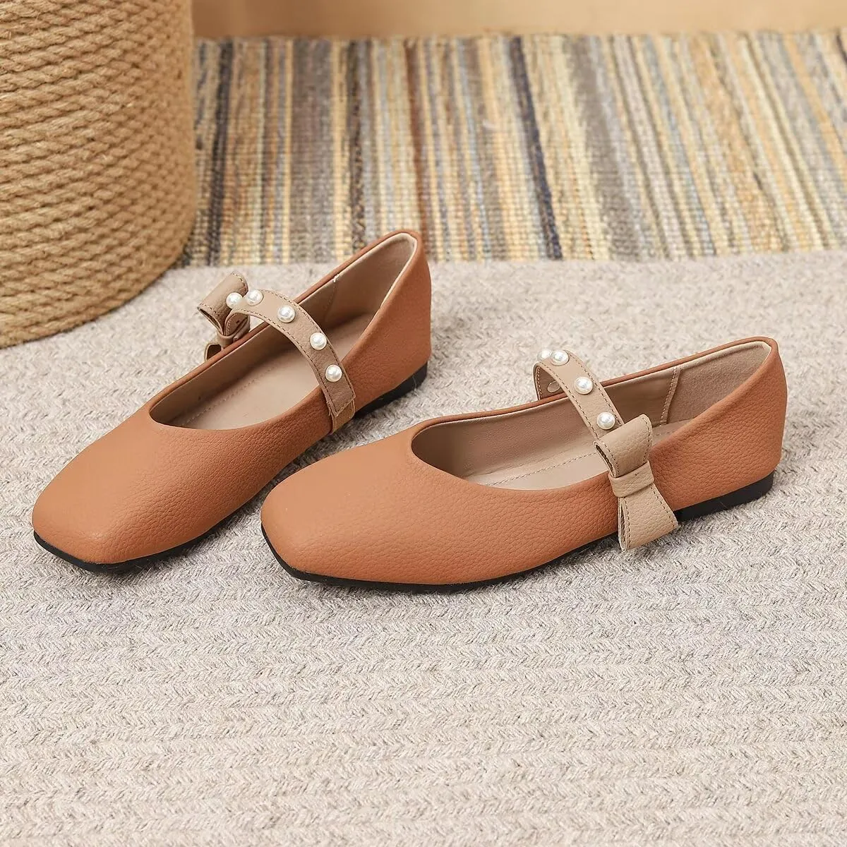 LUXINYU Women Mary Jane Flats Comfortable Square Toe Fashion Pearl Bownot Strap Slip on Low Heel Ballet Flats Dress Office Party Casual Shoes