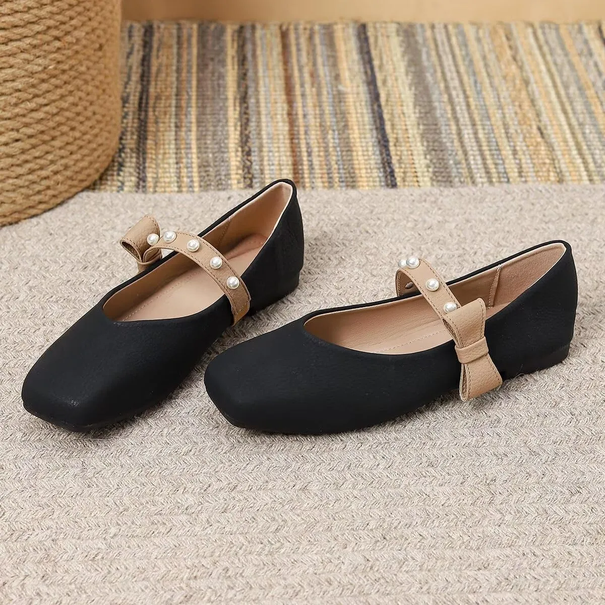 LUXINYU Women Mary Jane Flats Comfortable Square Toe Fashion Pearl Bownot Strap Slip on Low Heel Ballet Flats Dress Office Party Casual Shoes