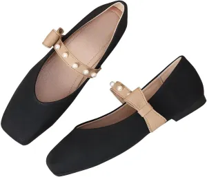 LUXINYU Women Mary Jane Flats Comfortable Square Toe Fashion Pearl Bownot Strap Slip on Low Heel Ballet Flats Dress Office Party Casual Shoes