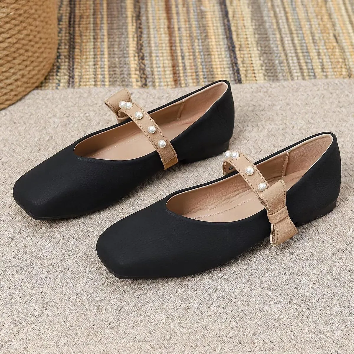 LUXINYU Women Mary Jane Flats Comfortable Square Toe Fashion Pearl Bownot Strap Slip on Low Heel Ballet Flats Dress Office Party Casual Shoes