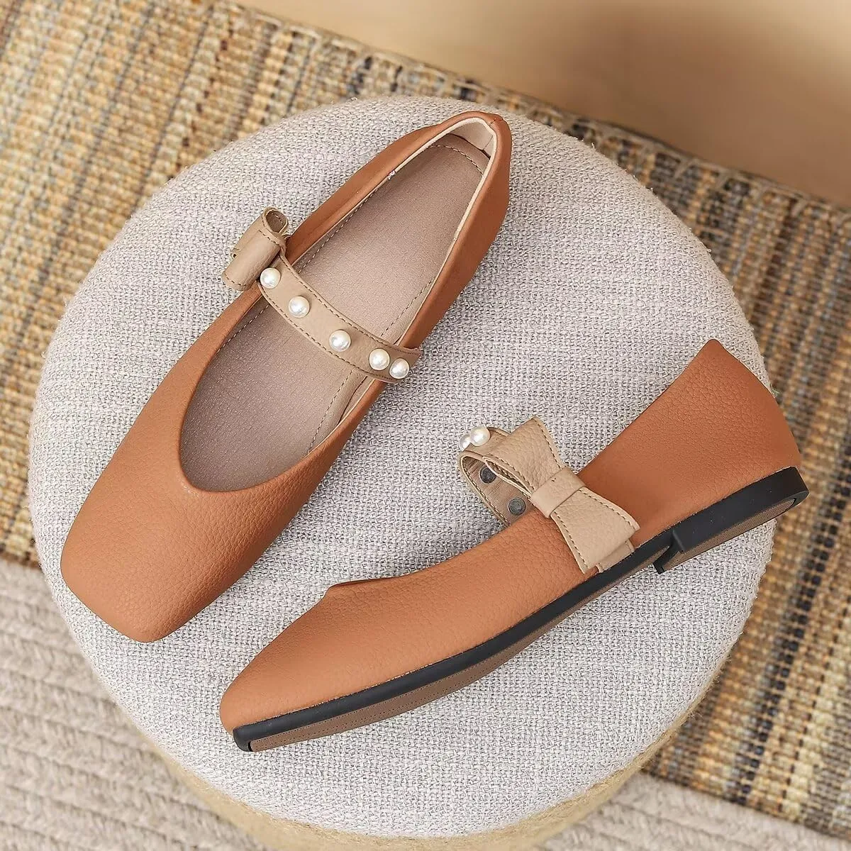 LUXINYU Women Mary Jane Flats Comfortable Square Toe Fashion Pearl Bownot Strap Slip on Low Heel Ballet Flats Dress Office Party Casual Shoes