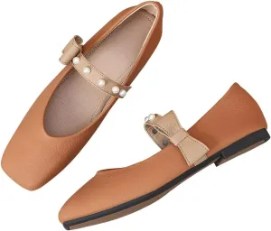 LUXINYU Women Mary Jane Flats Comfortable Square Toe Fashion Pearl Bownot Strap Slip on Low Heel Ballet Flats Dress Office Party Casual Shoes
