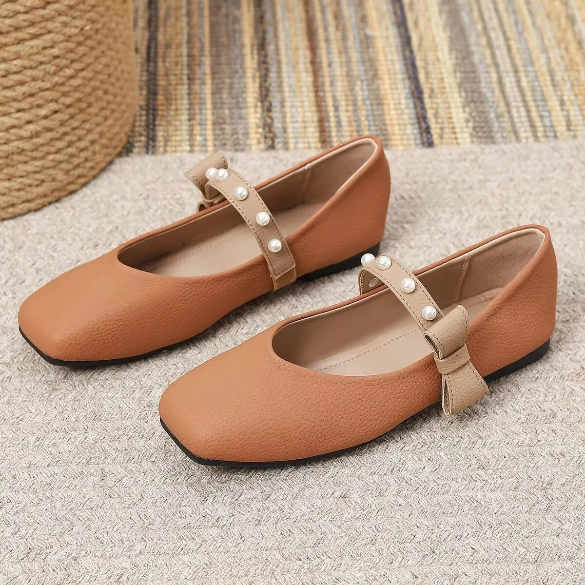 LUXINYU Women Mary Jane Flats Comfortable Square Toe Fashion Pearl Bownot Strap Slip on Low Heel Ballet Flats Dress Office Party Casual Shoes