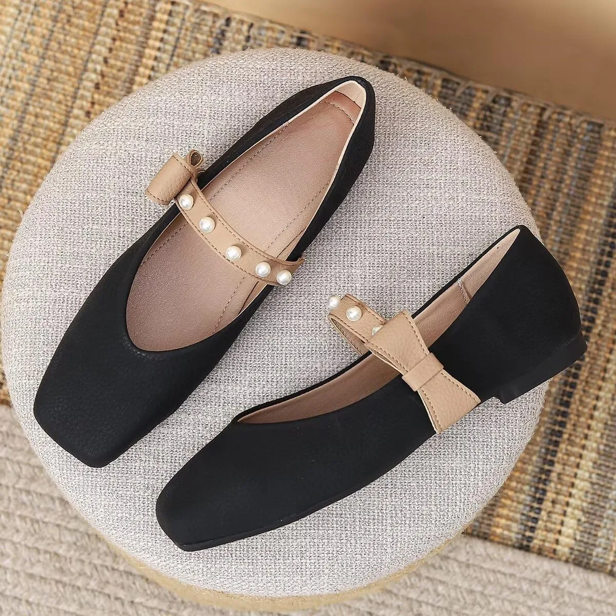 LUXINYU Women Mary Jane Flats Comfortable Square Toe Fashion Pearl Bownot Strap Slip on Low Heel Ballet Flats Dress Office Party Casual Shoes