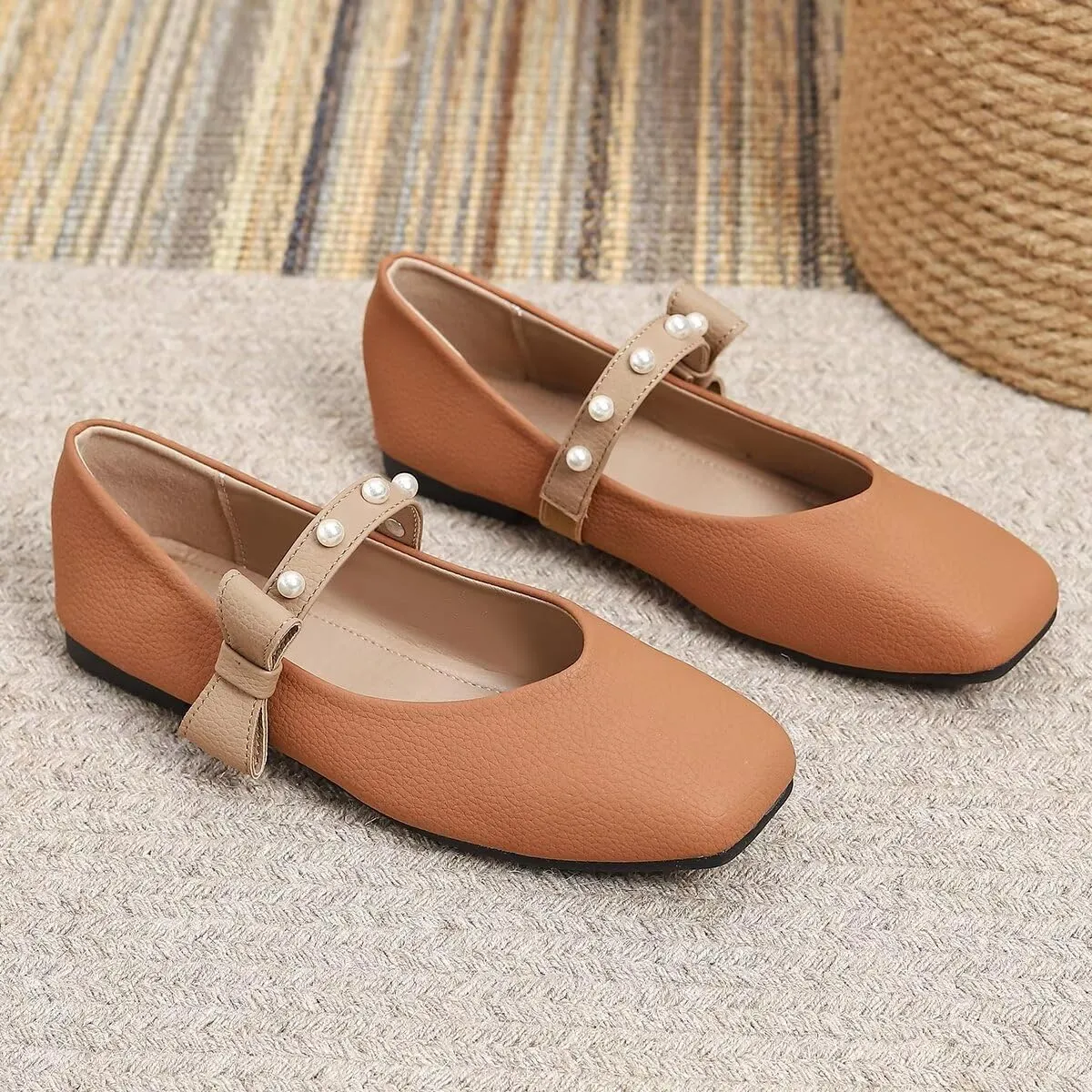 LUXINYU Women Mary Jane Flats Comfortable Square Toe Fashion Pearl Bownot Strap Slip on Low Heel Ballet Flats Dress Office Party Casual Shoes