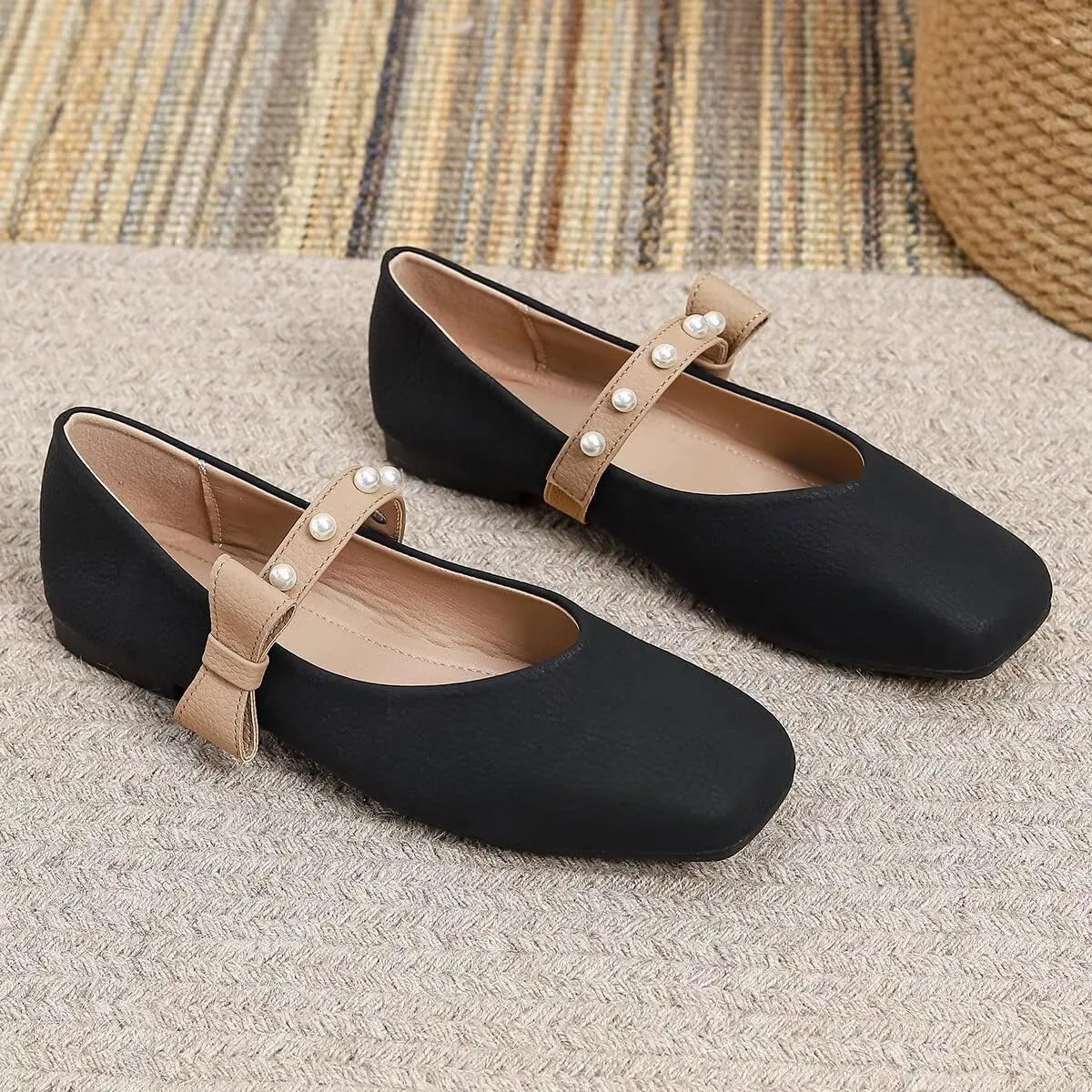 LUXINYU Women Mary Jane Flats Comfortable Square Toe Fashion Pearl Bownot Strap Slip on Low Heel Ballet Flats Dress Office Party Casual Shoes