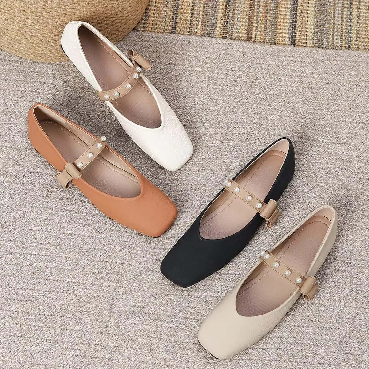 LUXINYU Women Mary Jane Flats Comfortable Square Toe Fashion Pearl Bownot Strap Slip on Low Heel Ballet Flats Dress Office Party Casual Shoes