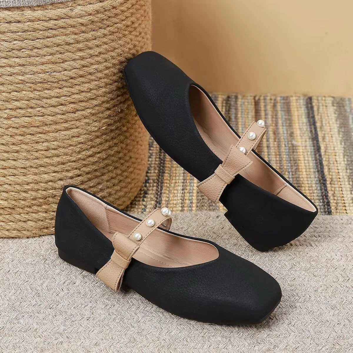 LUXINYU Women Mary Jane Flats Comfortable Square Toe Fashion Pearl Bownot Strap Slip on Low Heel Ballet Flats Dress Office Party Casual Shoes