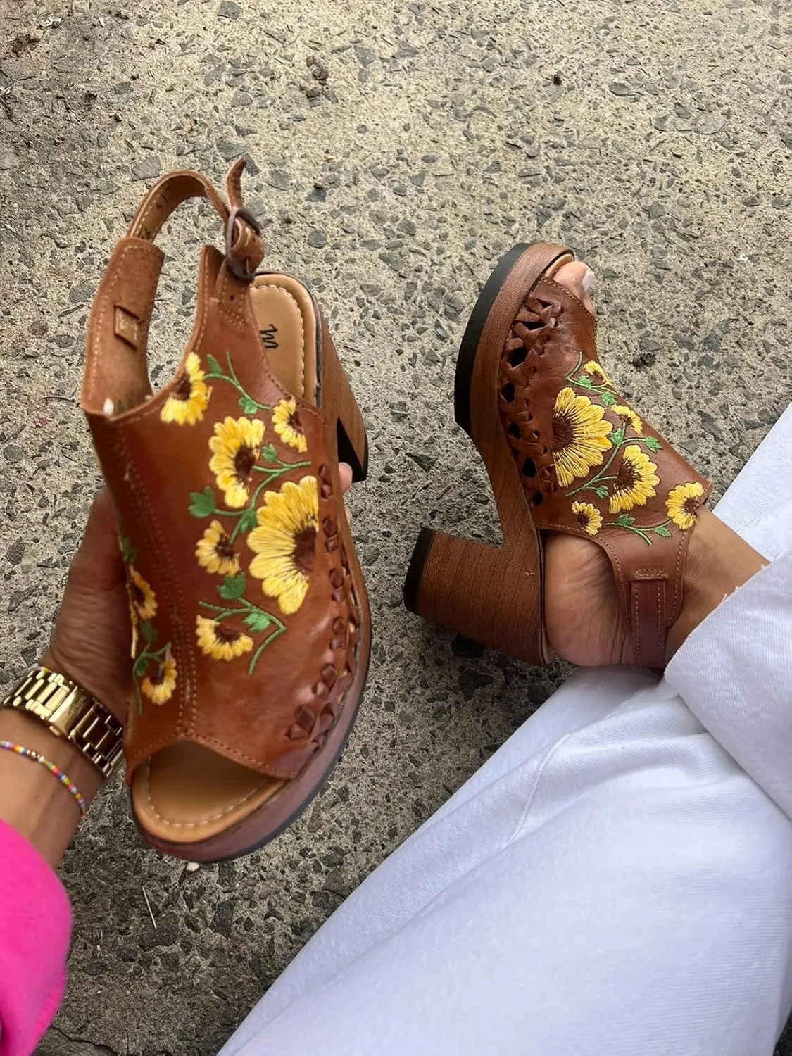 Macarena Collection Women's Flatform Wedge Casual Sandal Huarache Colorful Leather Mexican Style Color 517 Block Heel Sandals - Sunflower Embroidered Artisan Design