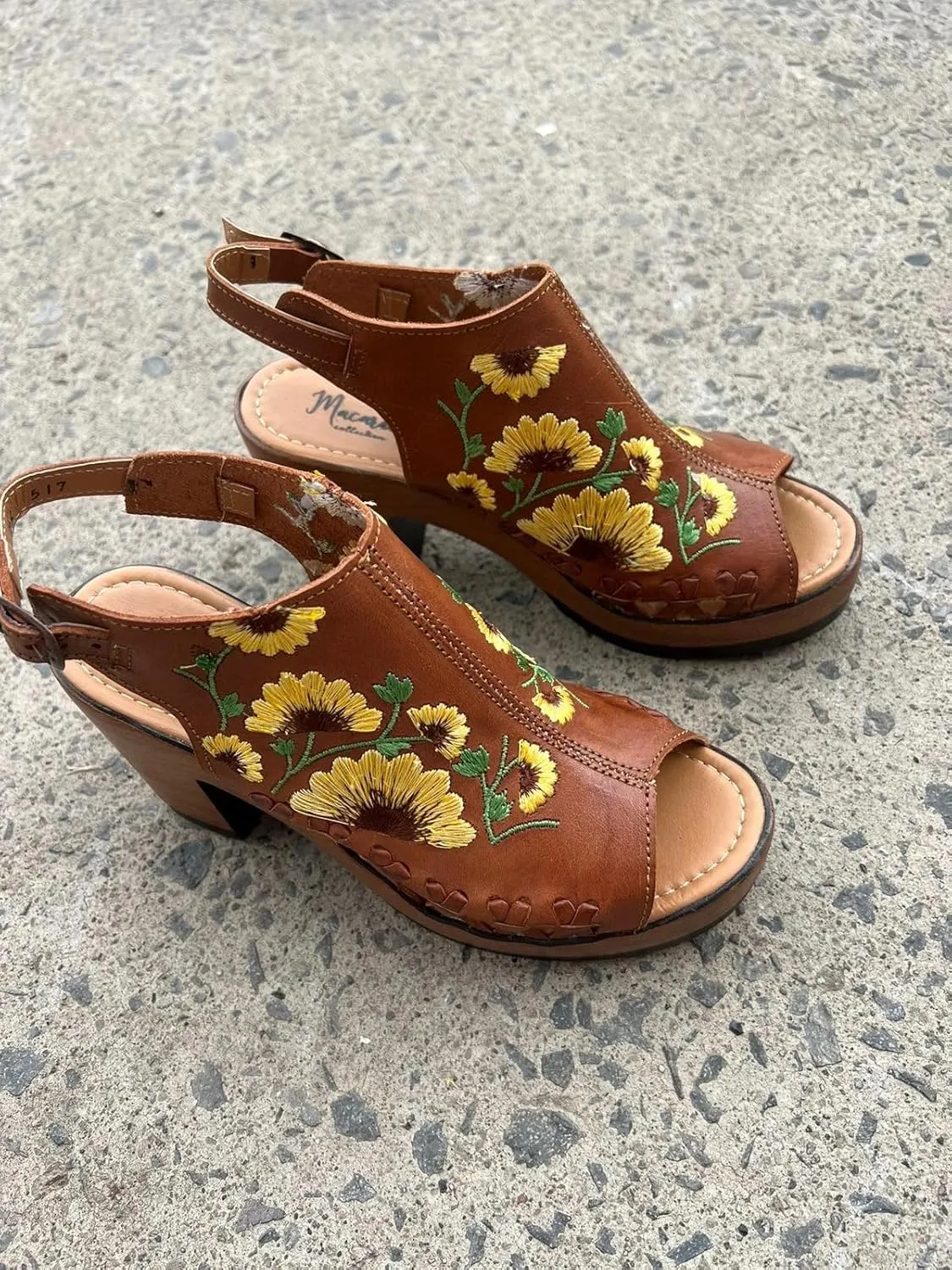 Macarena Collection Women's Flatform Wedge Casual Sandal Huarache Colorful Leather Mexican Style Color 517 Block Heel Sandals - Sunflower Embroidered Artisan Design