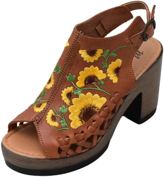 Macarena Collection Women's Flatform Wedge Casual Sandal Huarache Colorful Leather Mexican Style Color 517 Block Heel Sandals - Sunflower Embroidered Artisan Design