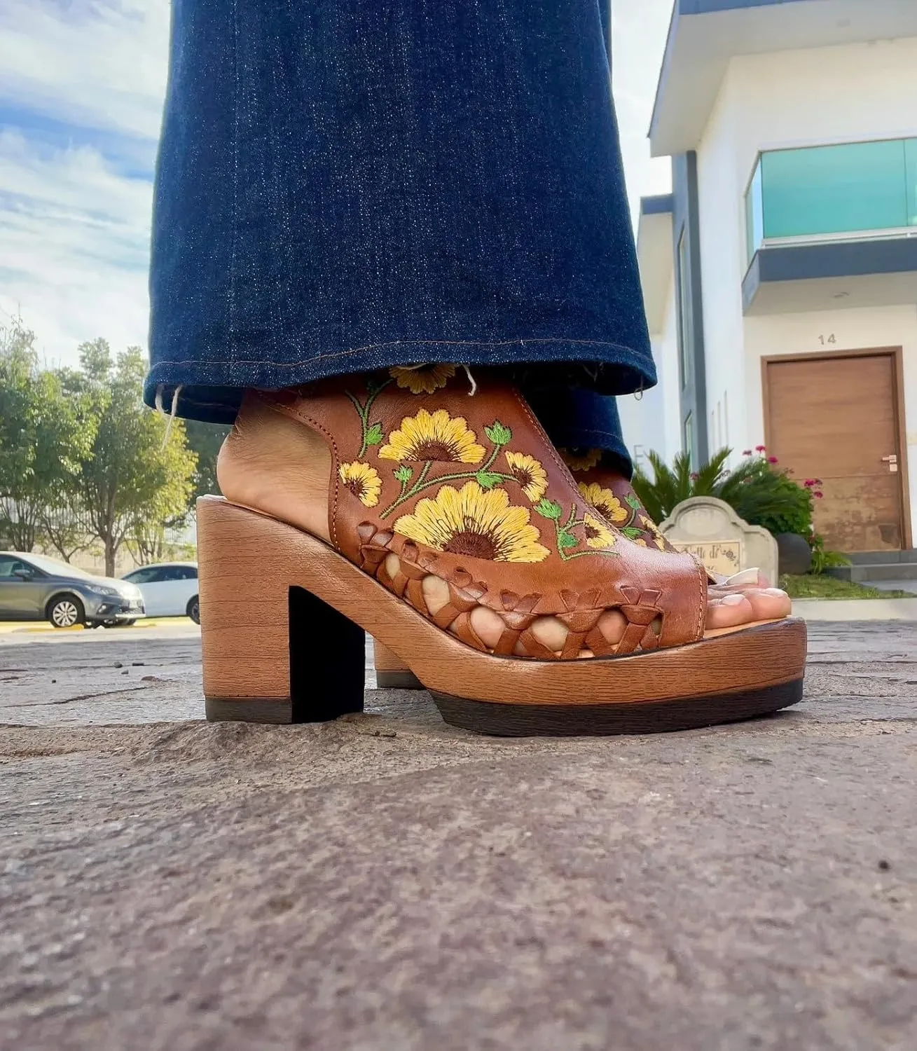 Macarena Collection Women's Flatform Wedge Casual Sandal Huarache Colorful Leather Mexican Style Color 517 Block Heel Sandals - Sunflower Embroidered Artisan Design