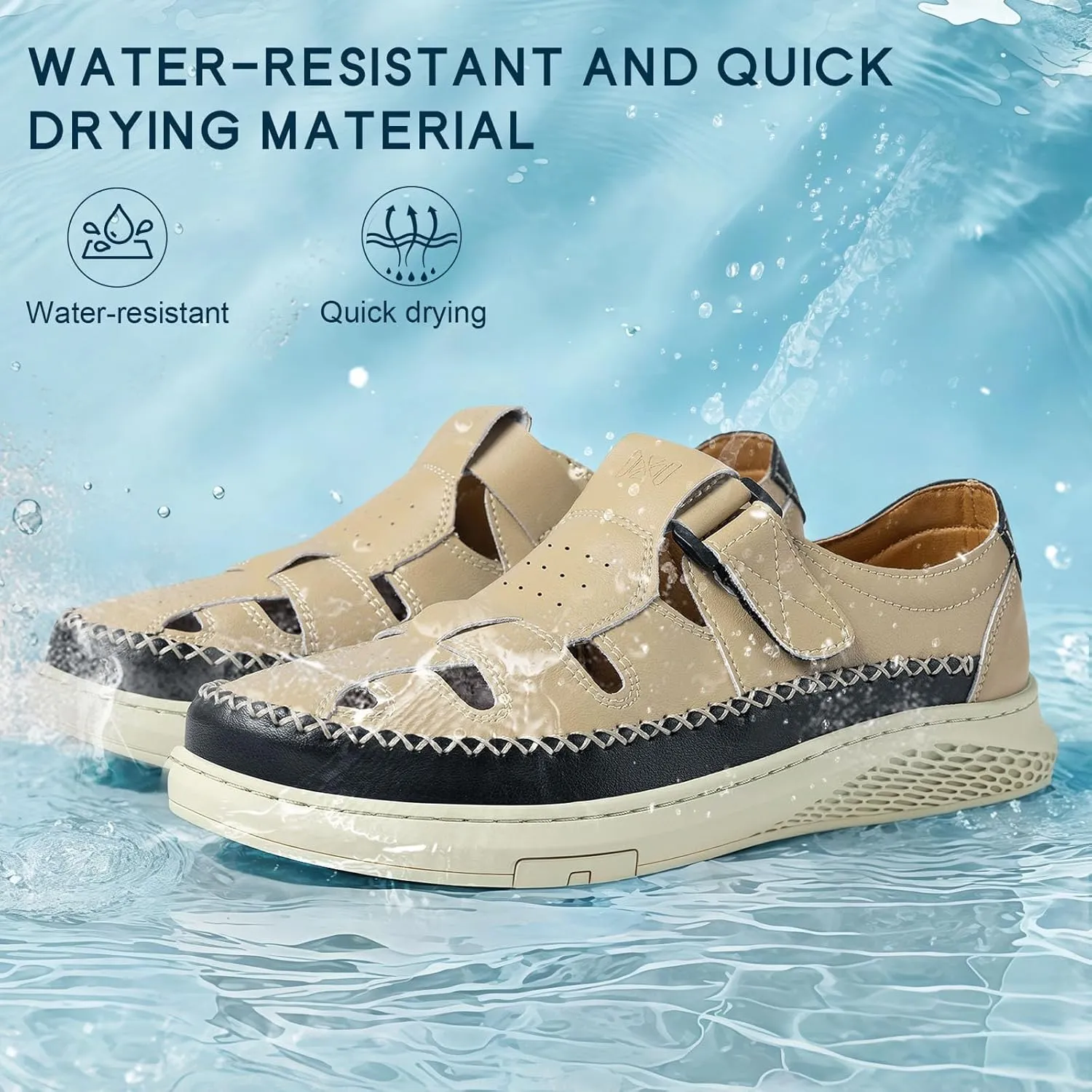 MAIZUN Men's Leather Sandals Outdoor Casual Closed Toe Sport Sandals Summer Fisherman Beach Shoes with Adjustable for Athletic Hiking Walking