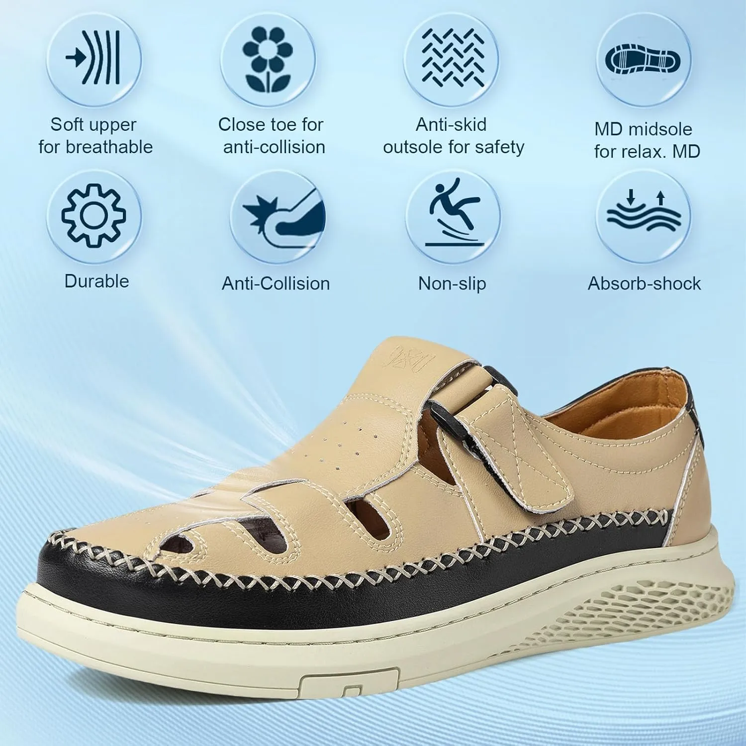 MAIZUN Men's Leather Sandals Outdoor Casual Closed Toe Sport Sandals Summer Fisherman Beach Shoes with Adjustable for Athletic Hiking Walking