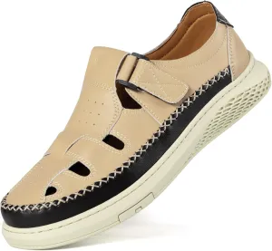 MAIZUN Men's Leather Sandals Outdoor Casual Closed Toe Sport Sandals Summer Fisherman Beach Shoes with Adjustable for Athletic Hiking Walking
