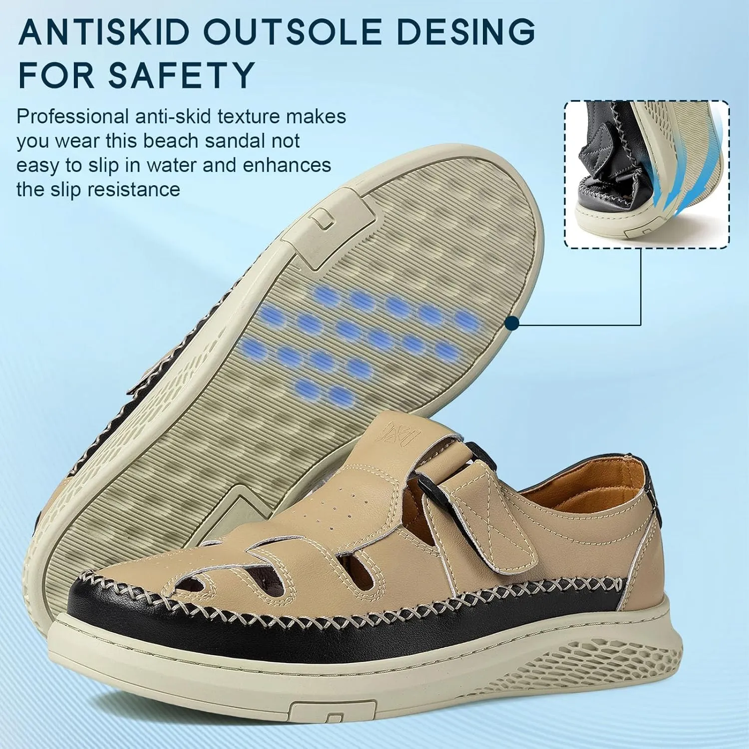 MAIZUN Men's Leather Sandals Outdoor Casual Closed Toe Sport Sandals Summer Fisherman Beach Shoes with Adjustable for Athletic Hiking Walking