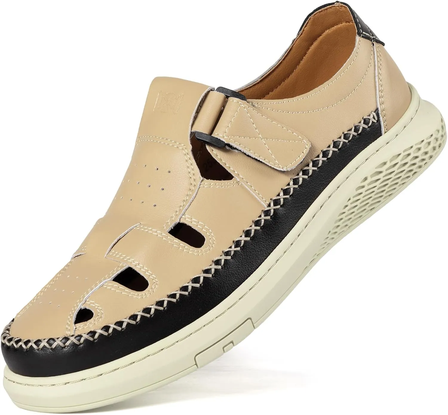 MAIZUN Men's Leather Sandals Outdoor Casual Closed Toe Sport Sandals Summer Fisherman Beach Shoes with Adjustable for Athletic Hiking Walking