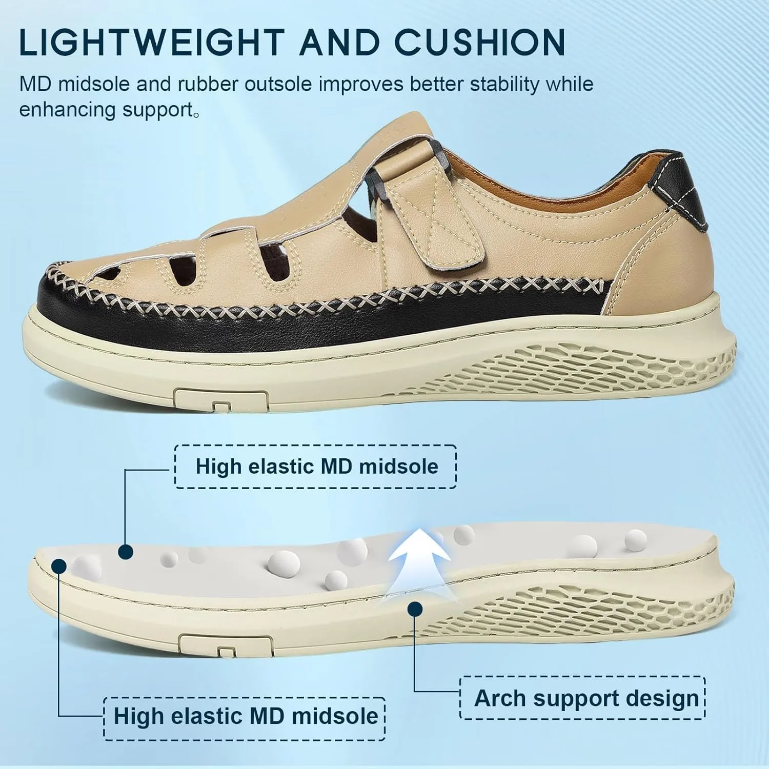 MAIZUN Men's Leather Sandals Outdoor Casual Closed Toe Sport Sandals Summer Fisherman Beach Shoes with Adjustable for Athletic Hiking Walking