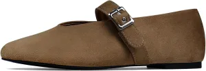 Mary Jane Ballet Flats for Women Buckle Strap Round Toe Suede Wide Width Flats Casual Ballerina Shoes