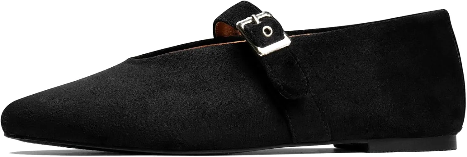 Mary Jane Ballet Flats for Women Buckle Strap Round Toe Suede Wide Width Flats Casual Ballerina Shoes