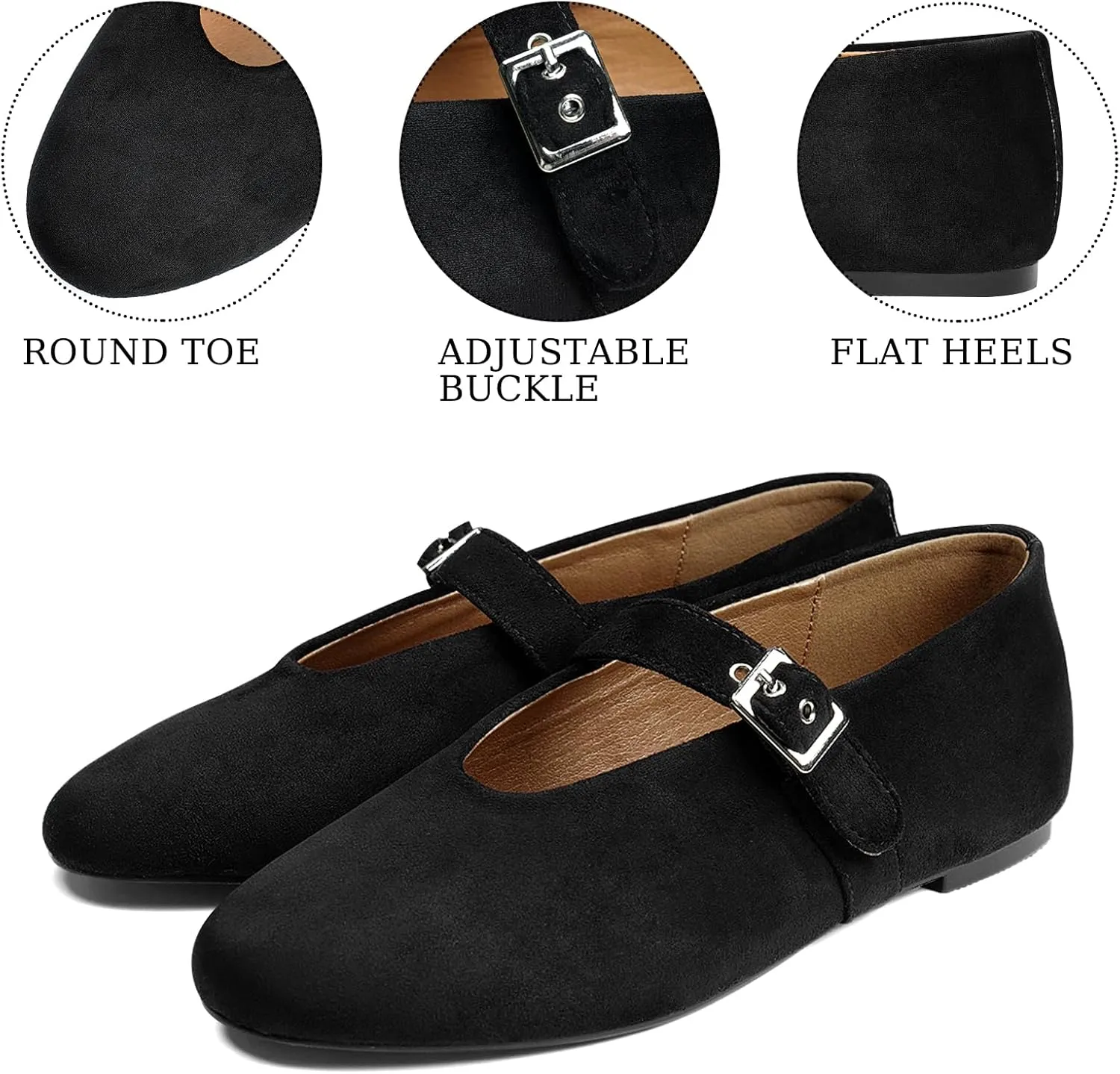 Mary Jane Ballet Flats for Women Buckle Strap Round Toe Suede Wide Width Flats Casual Ballerina Shoes