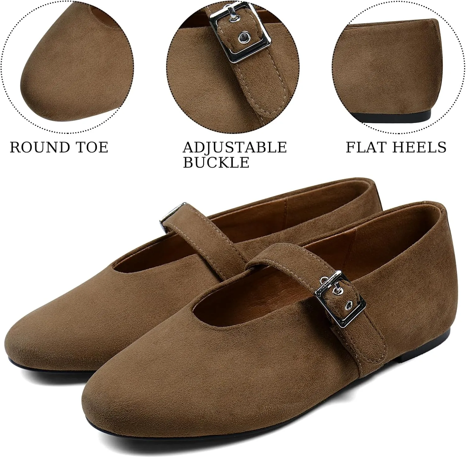 Mary Jane Ballet Flats for Women Buckle Strap Round Toe Suede Wide Width Flats Casual Ballerina Shoes