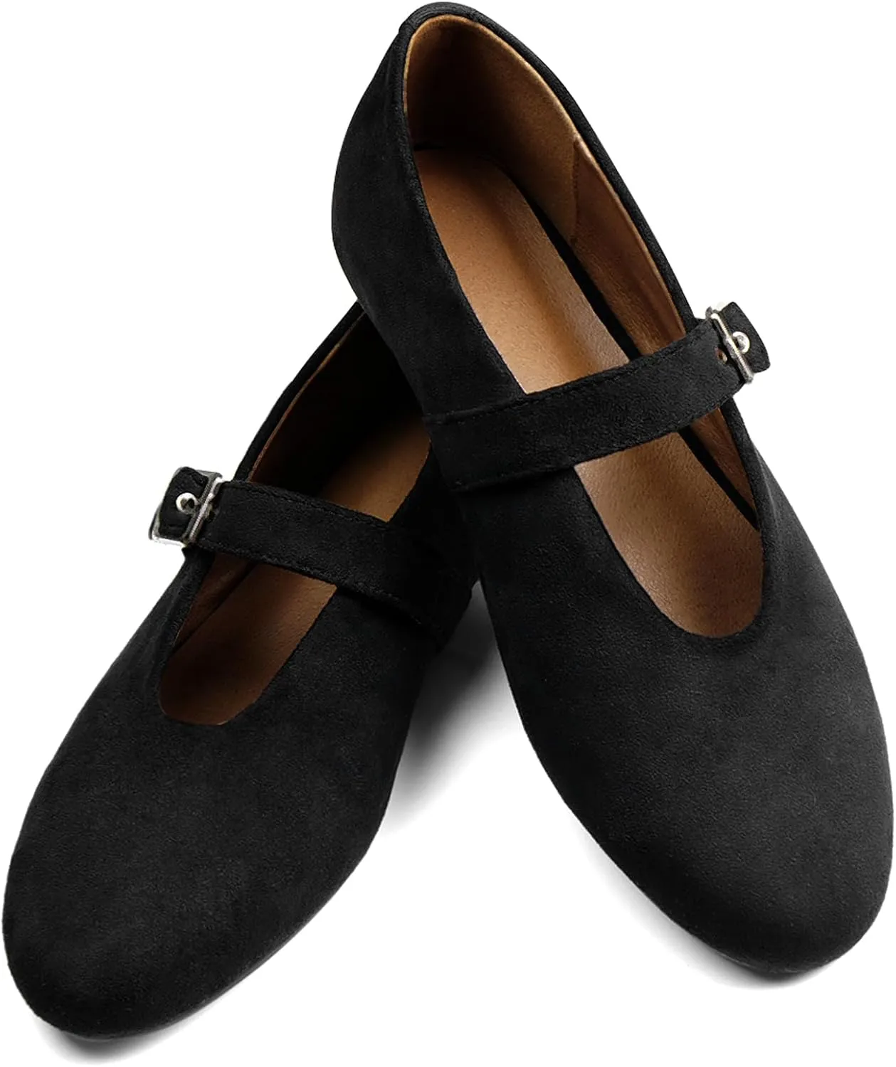 Mary Jane Ballet Flats for Women Buckle Strap Round Toe Suede Wide Width Flats Casual Ballerina Shoes
