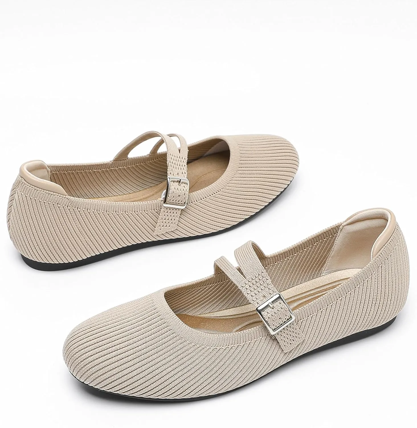 Mary Janes for Women Ballet Flats Comfortable Round Toe Knit Slip On Flats Adjustable Straps Casual Work Dress Flats Shoes