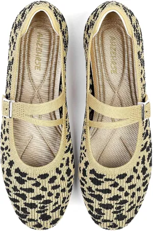 Mary Janes for Women Ballet Flats Comfortable Round Toe Knit Slip On Flats Adjustable Straps Casual Work Dress Flats Shoes